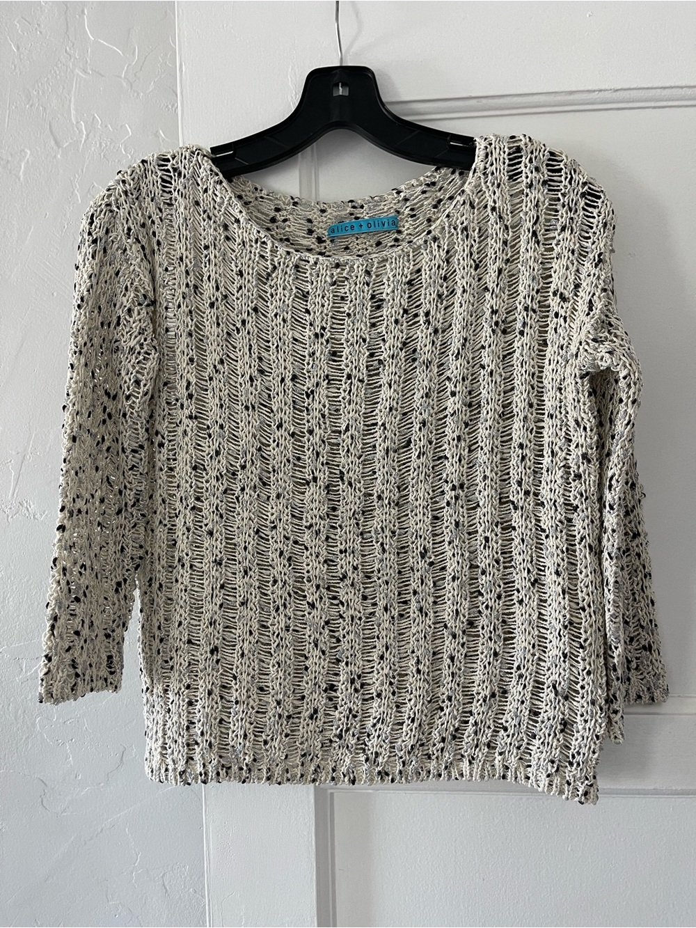 Alice and Olivia Cream Open-Knit Scoop Neck Sweater with Black Speckle